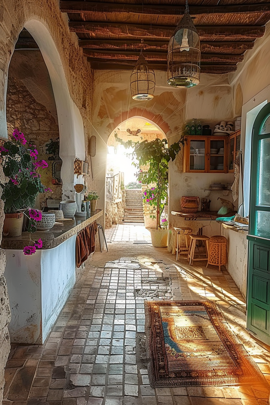 ALT: A sunlit traditional Mediterranean-style hallway with arched doorways, hanging lanterns, potted flowers, and a patterned rug on the stone floor.