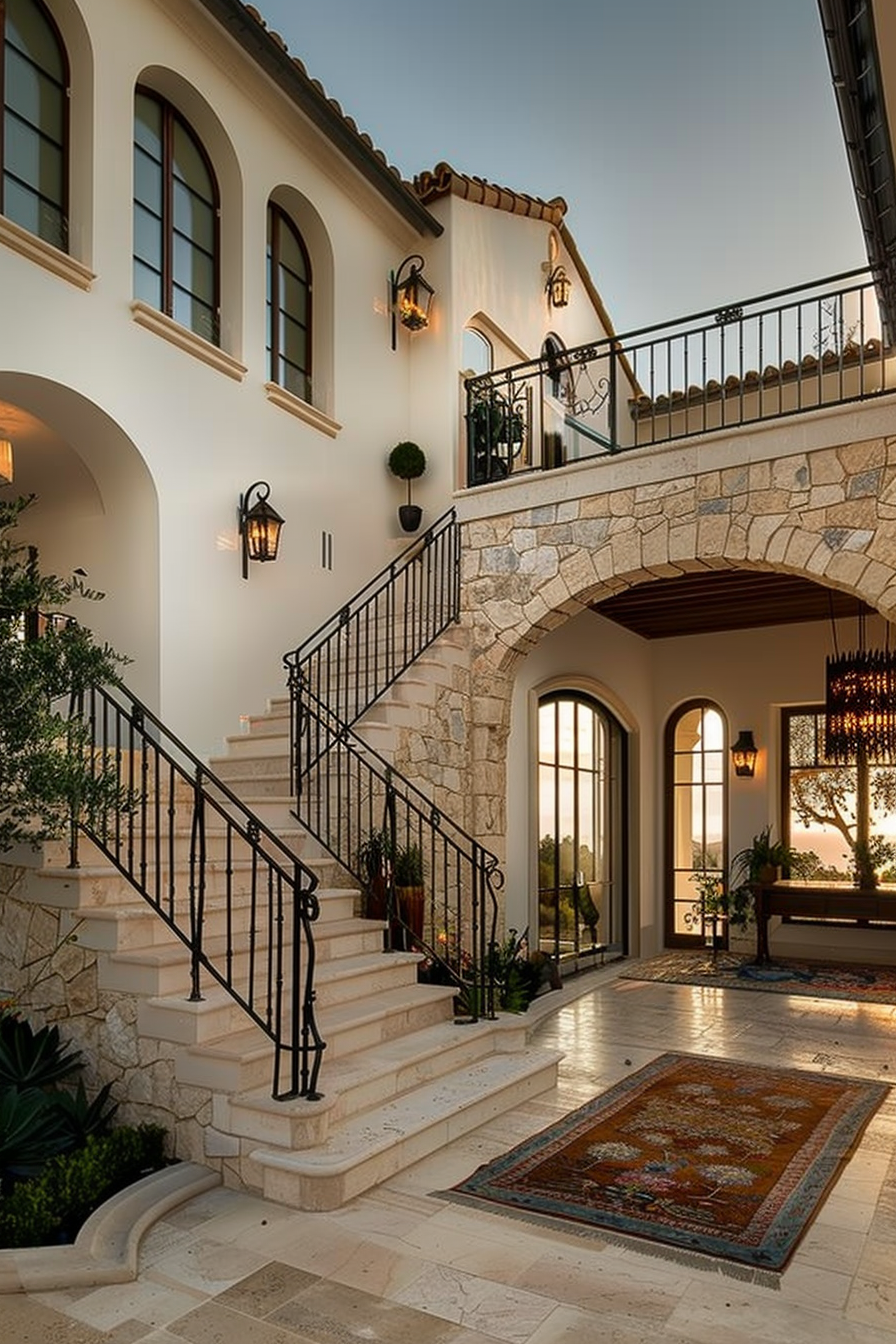 Elegant Mediterranean style house entrance with stone stairway, arched doors, ironwork railings, and outdoor lanterns at twilight.