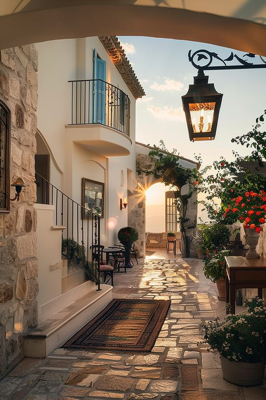 A charming alley with cobblestone pavement flanked by white buildings with balconies, flowers, and a vintage streetlamp at dusk.