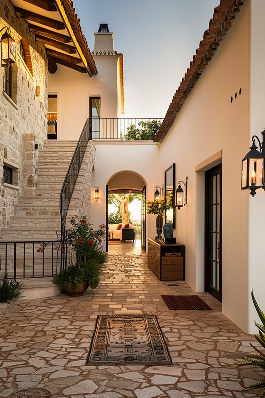 A tranquil Mediterranean courtyard with an ornate staircase, stone walls, warm lighting, and a view to a sunny garden archway.