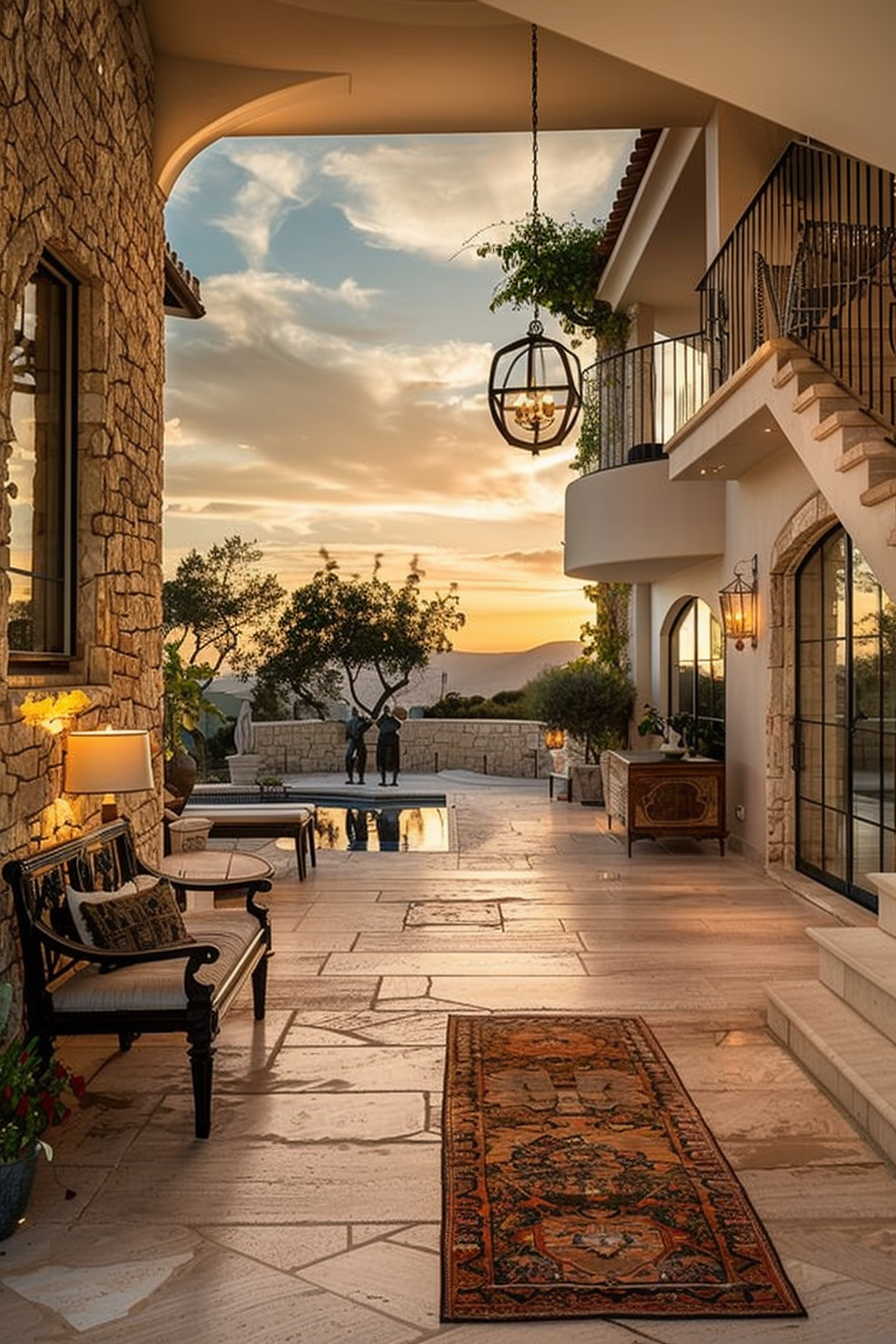 ALT: Sunset view from a luxurious stone villa's patio with elegant furnishings, ornate rug, and a distant pool reflecting the sky's colors.