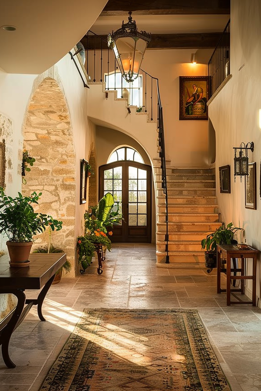 Elegant interior hallway with an arched doorway, stone walls, a staircase, hanging lanterns, and sunlight casting warm shadows.