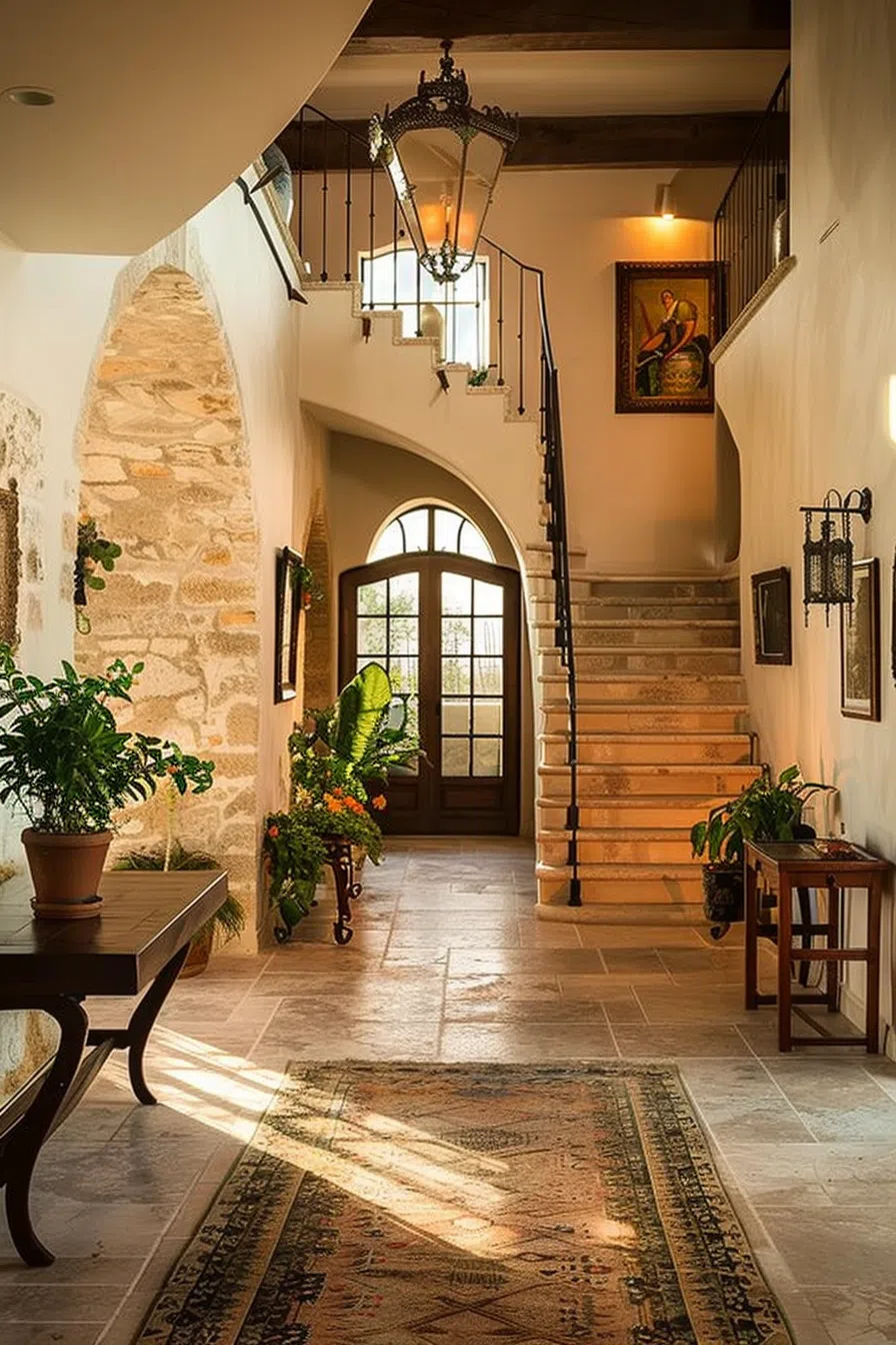 Elegant interior hallway with an arched doorway, stone walls, a staircase, hanging lanterns, and sunlight casting warm shadows.