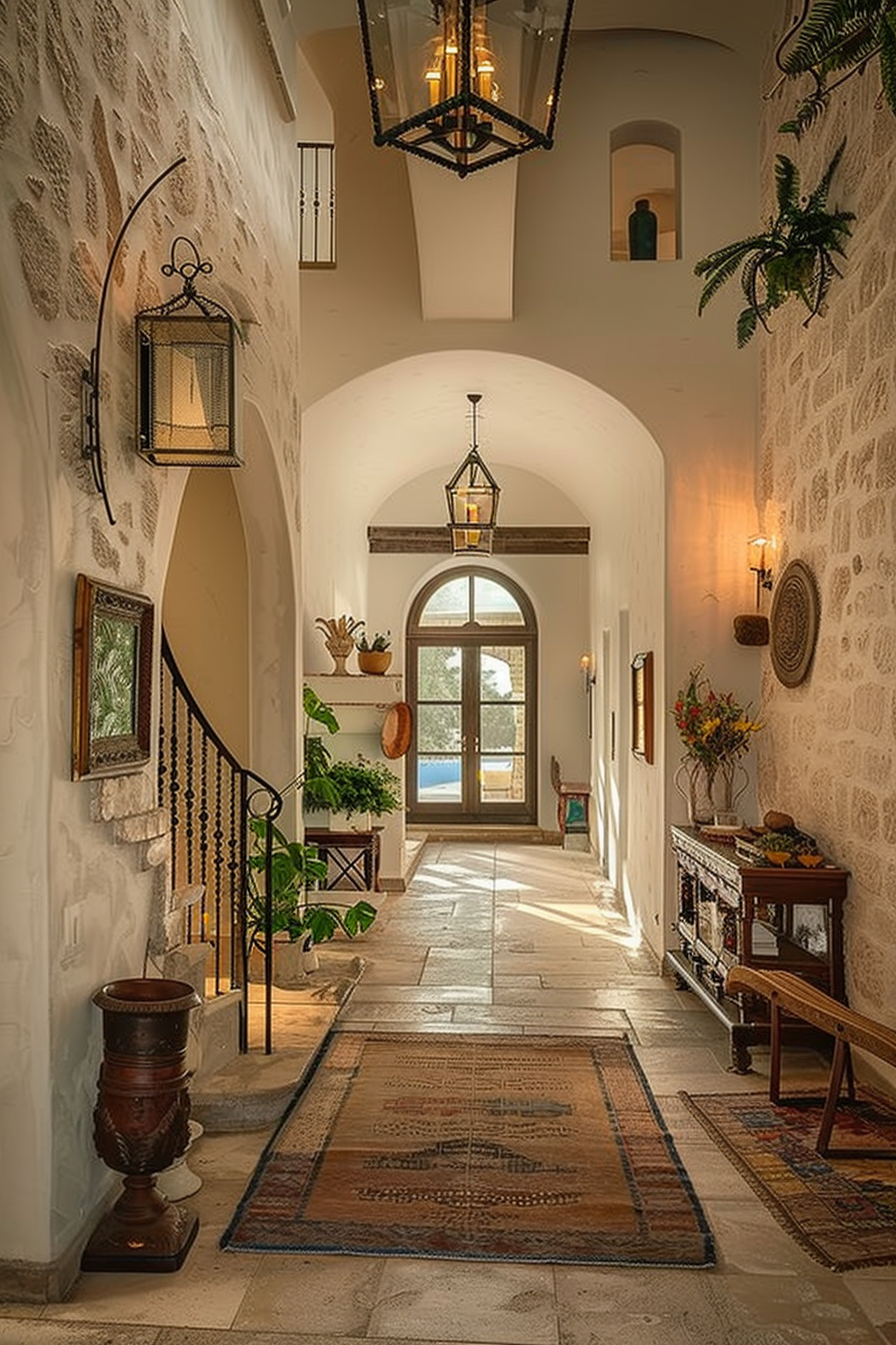 Elegant arched hallway in a traditional home with hanging lanterns, stone walls, potted plants, and a view through the open door to the outside.