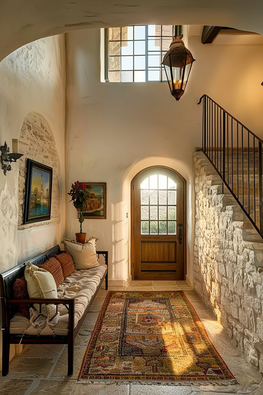Cozy entryway with a wooden door, arched window, stone wall, staircase with iron railing, bench, rug, and hanging lantern.