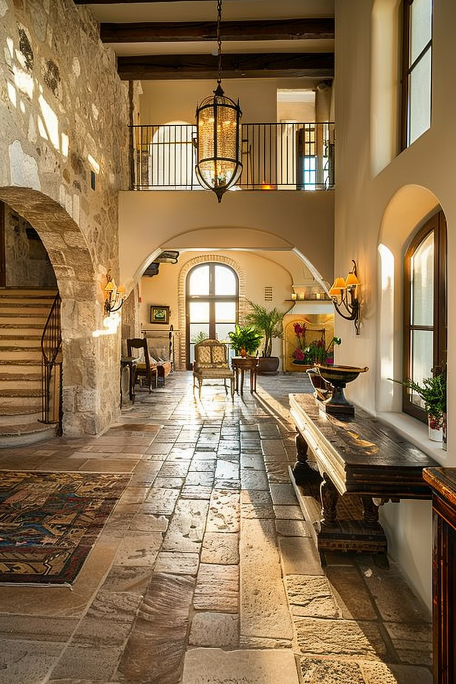 Elegant interior hallway with stone floors, a hanging lantern, arched doorways, a stairway, and sun streaming through windows.