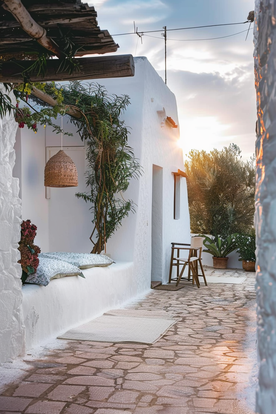Quaint white Mediterranean patio with plants, a woven lamp, and a wooden stool basked in the warm glow of a sunset.