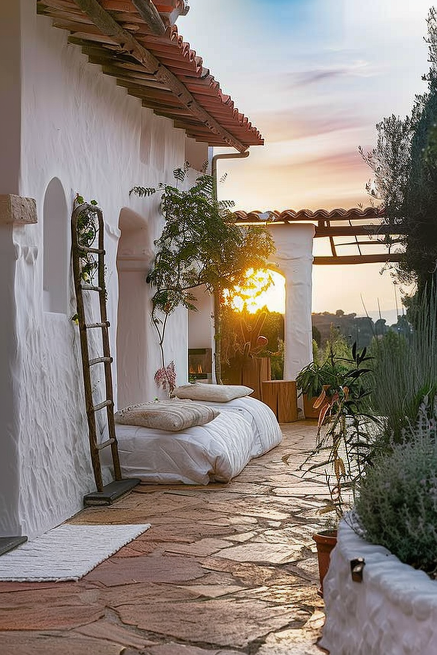 Sunset view from a cozy Mediterranean terrace with potted plants and cushioned seating areas.