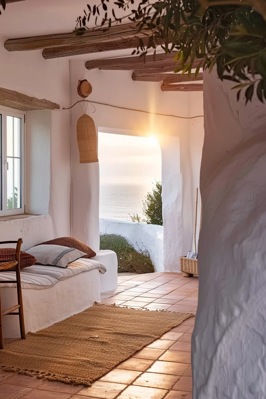 A serene patio with white walls, a cozy couch, wicker lampshade, and a warm sunset over the ocean visible through the archway.
