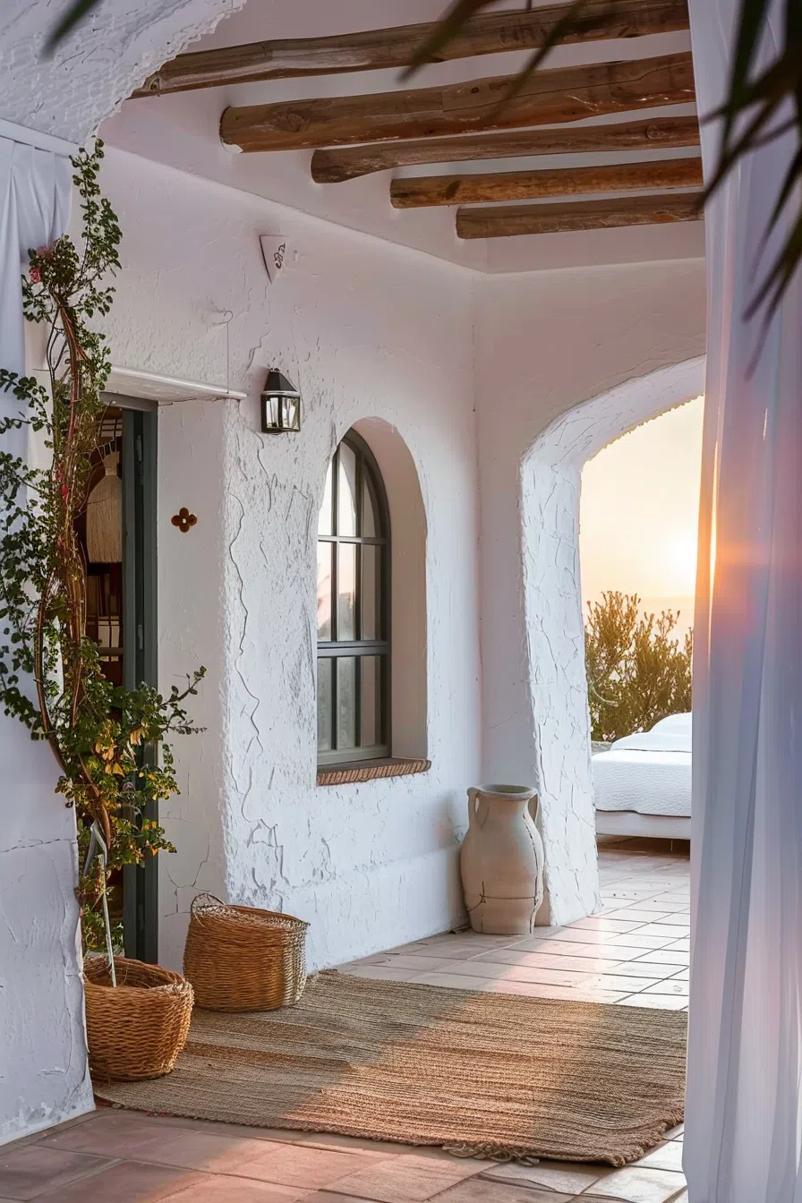 Rustic Mediterranean terrace with white walls, wooden beams, wicker baskets, and a view of a sunset.