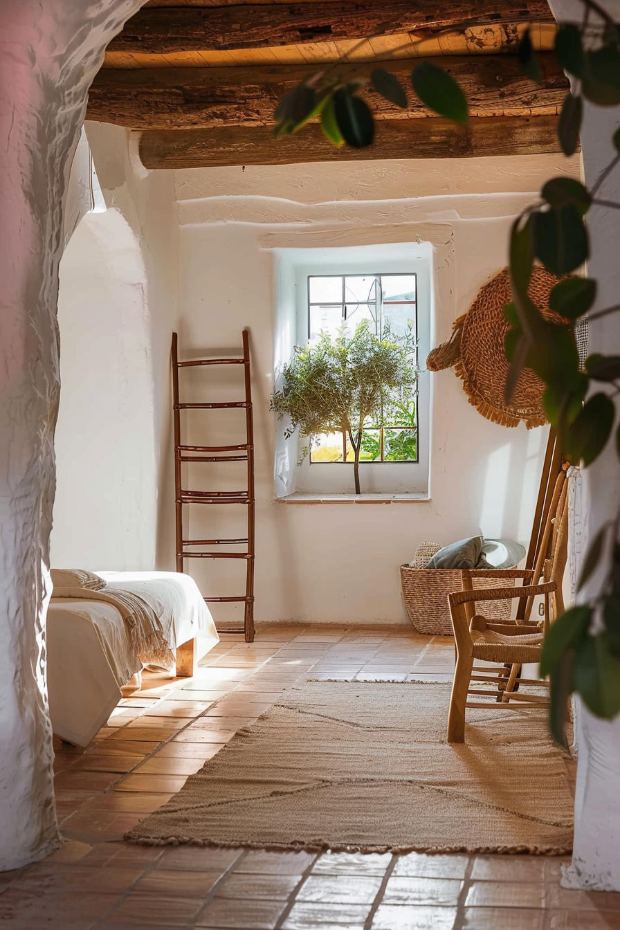 Cozy rustic interior with sunlight shining through a window, terracotta tiles, wooden beams, a ladder, chair, and potted plants.