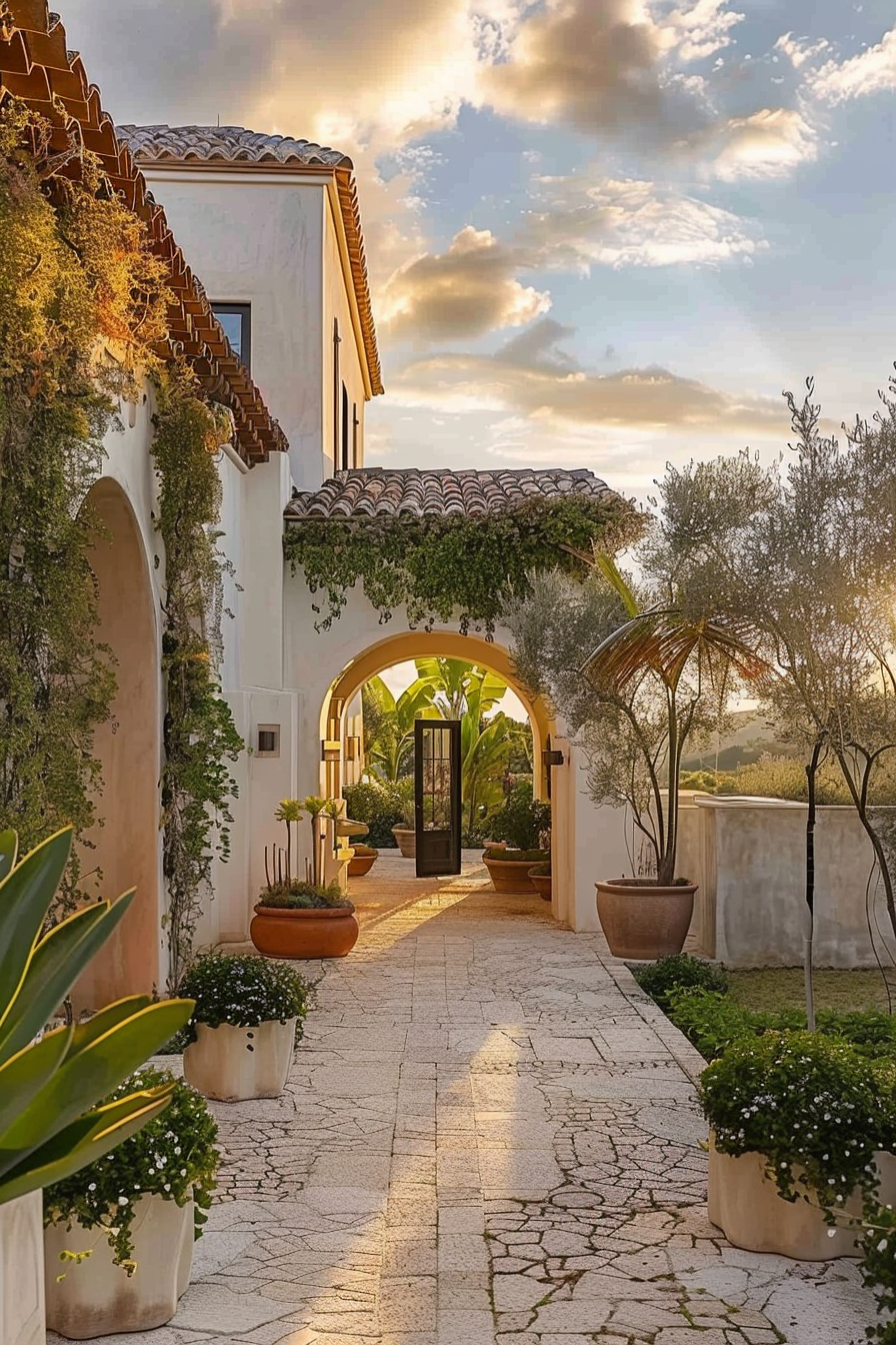 Exterior view of a Mediterranean-style house with arches, tiled roof, and a pathway lined with potted plants during sunset.