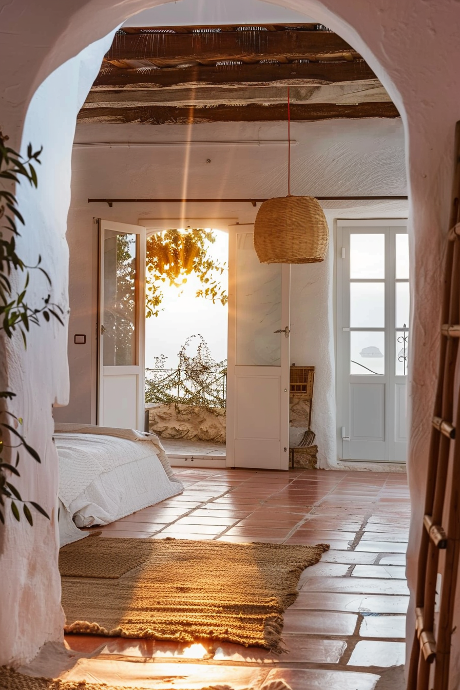 Sunset light streams through an open door into a cozy bedroom with terracotta tiles and a woven hanging light fixture.