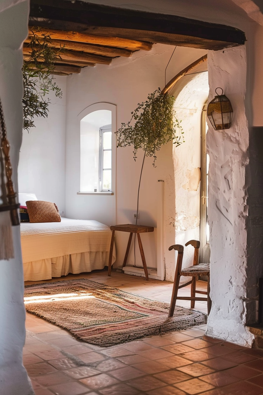Rustic bedroom with white walls, exposed wooden beams, hanging plants, a rocking chair, terracotta floor tiles, and natural light.