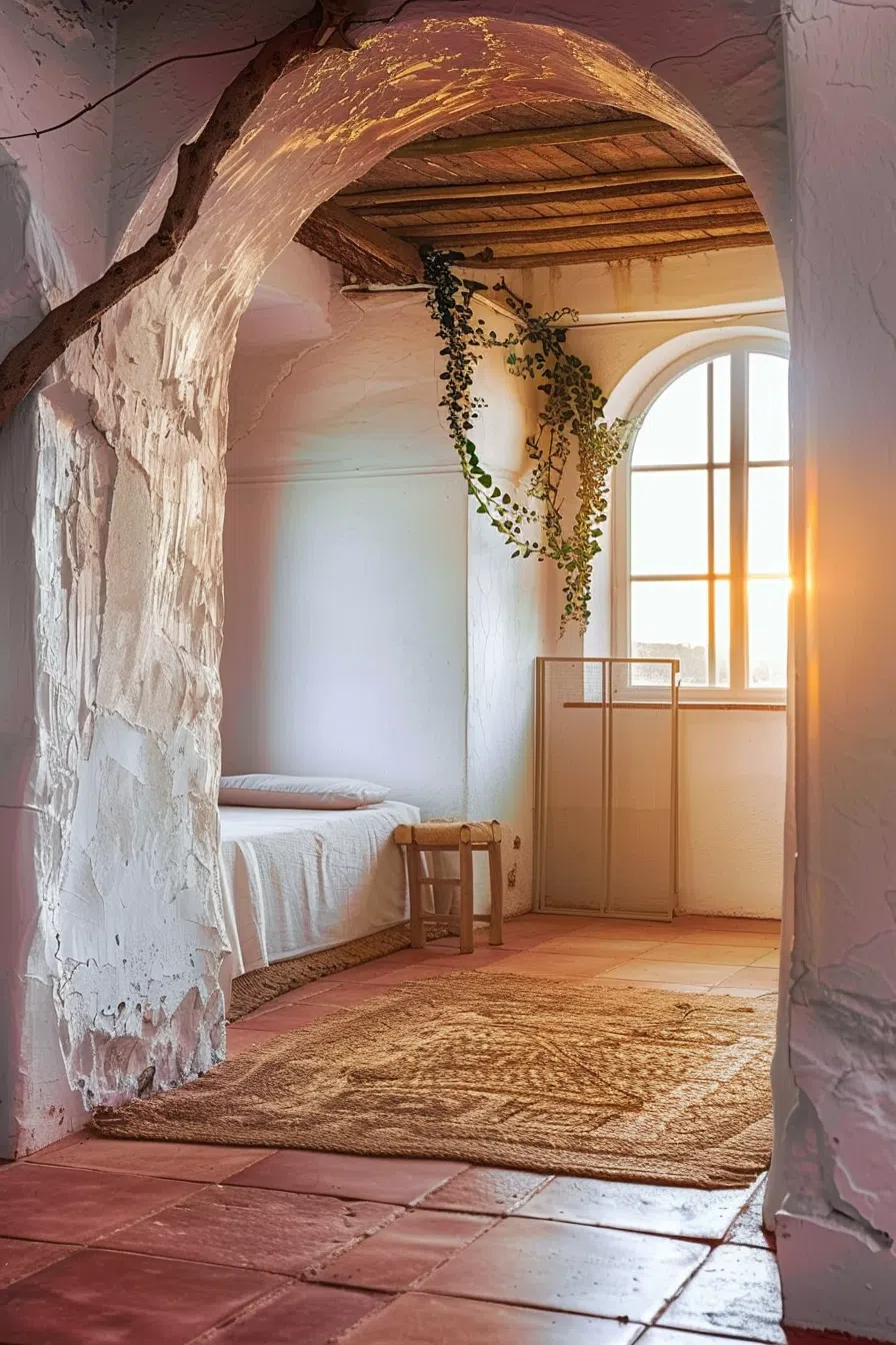 A cozy, sunlit bedroom corner featuring an arched opening, a bed with white linens, a wooden chair, terracotta flooring, and hanging greenery.
