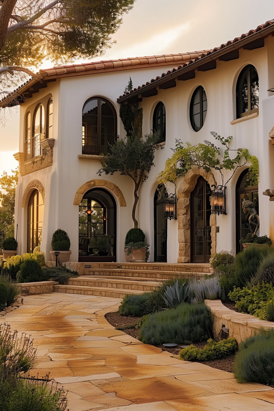 ALT: A Mediterranean-style villa with arched windows, terracotta roof, and a walkway surrounded by lush landscaping at dusk.