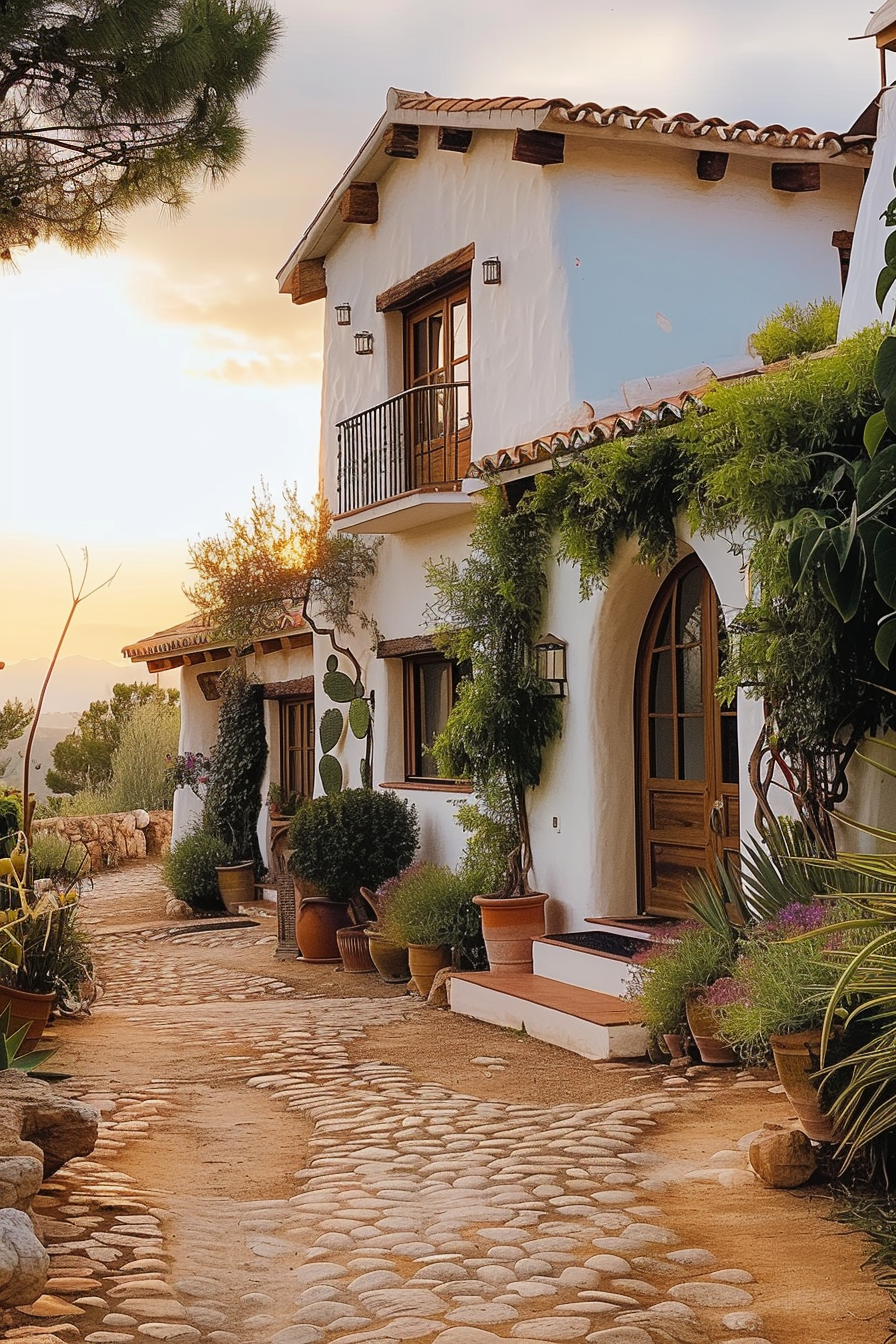 Charming white Mediterranean-style house with terracotta roof, surrounded by potted plants, at sunset.