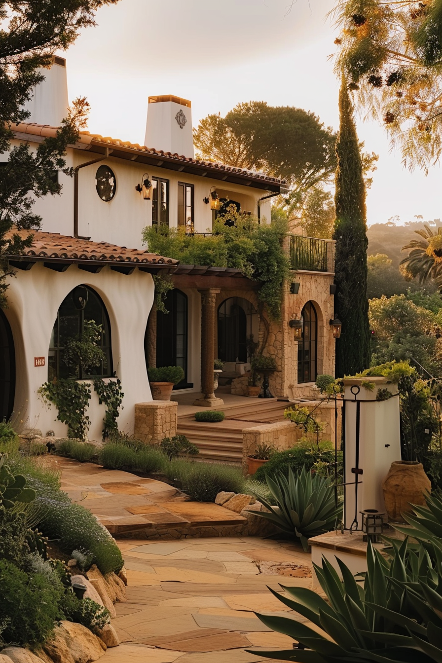 A Mediterranean-style villa with arched doorways, a tiled roof, and lush landscaping bathed in golden sunset light.