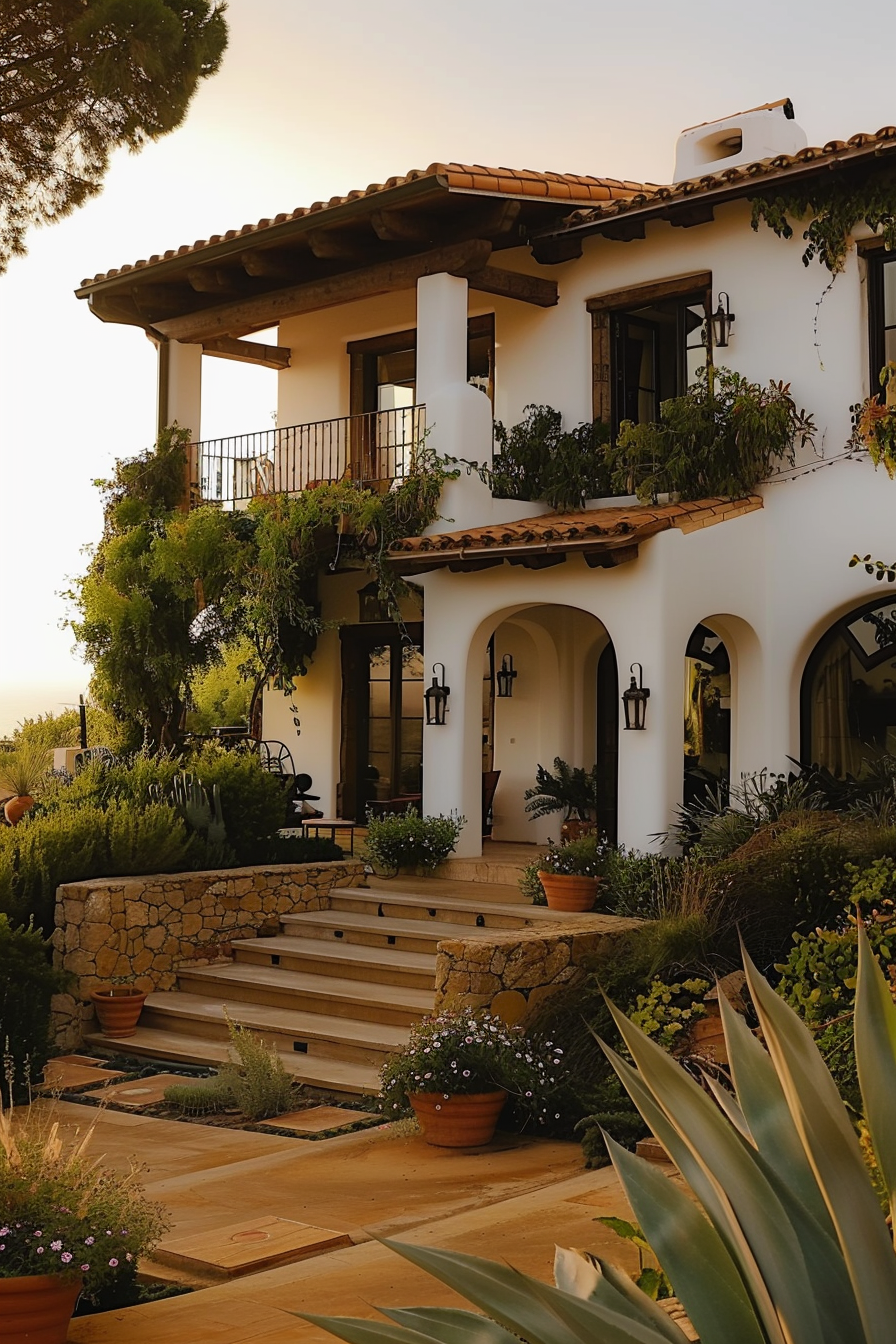 A Mediterranean-style villa at sunset with terracotta tiles, white walls, arched entrances, lush greenery, and a staircase leading to the entrance.