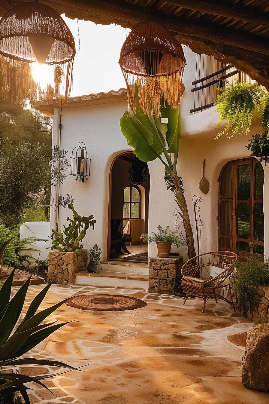 Cozy Mediterranean-style patio with wicker furniture, hanging lanterns, potted plants, and warm sunlight pouring through.