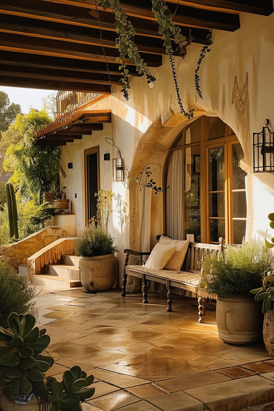 A serene patio with terracotta tiles, a wooden bench with pillows, large potted plants, and hanging vines under a warm, golden light.