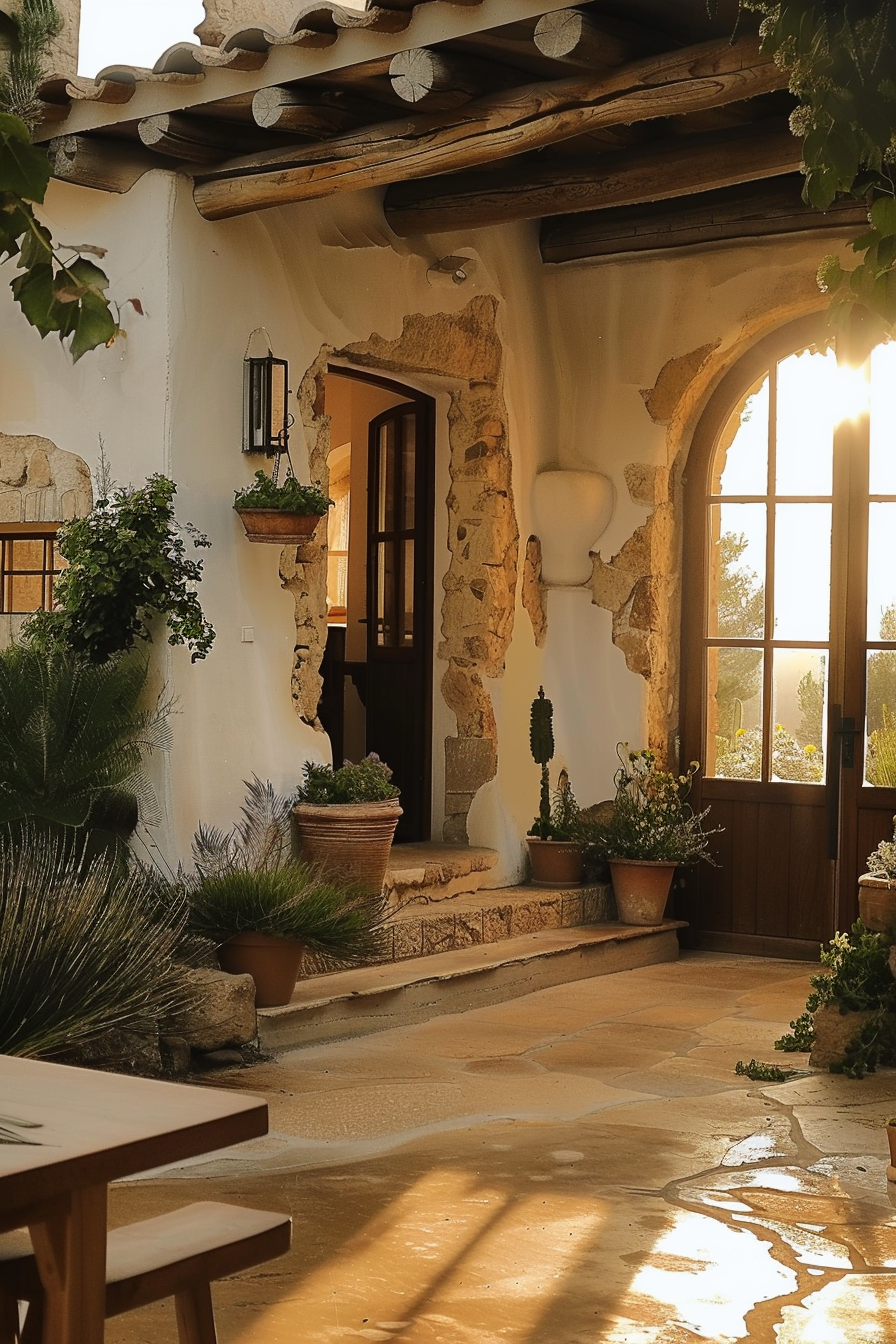 Rustic terrace with potted plants, stone arches, and warm sunlight casting shadows at golden hour.