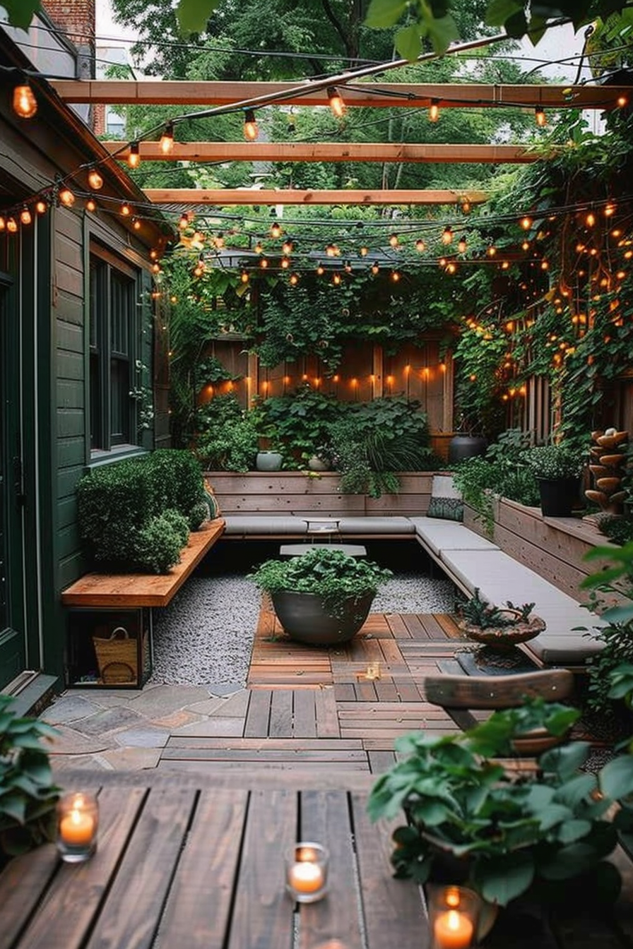 Cozy backyard garden with string lights, wooden deck, benches, lush greenery, and candles at twilight.