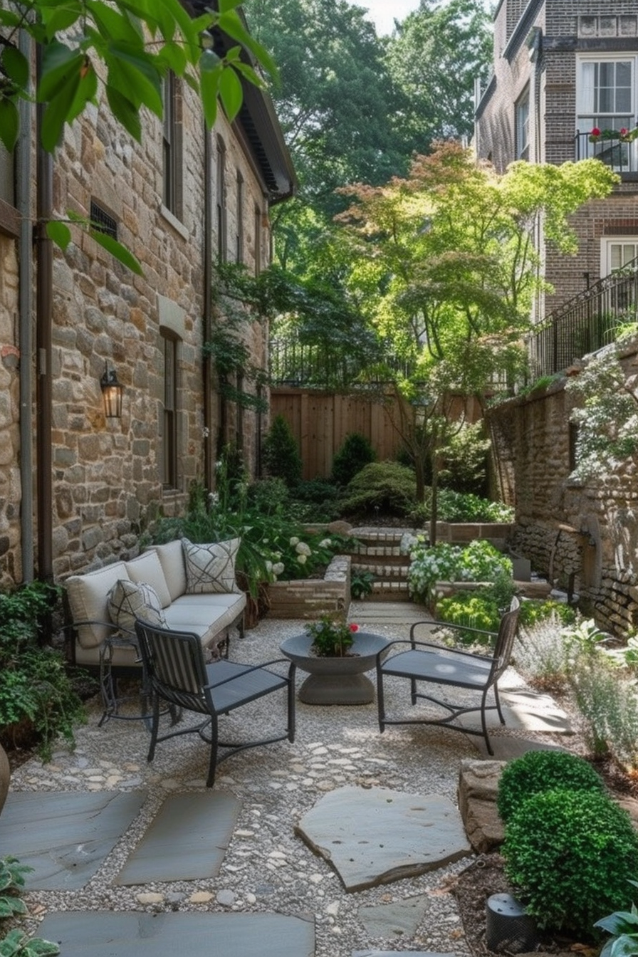 Cozy stone-paved courtyard with outdoor furniture, surrounded by green plants and trees, nestled between brick buildings.