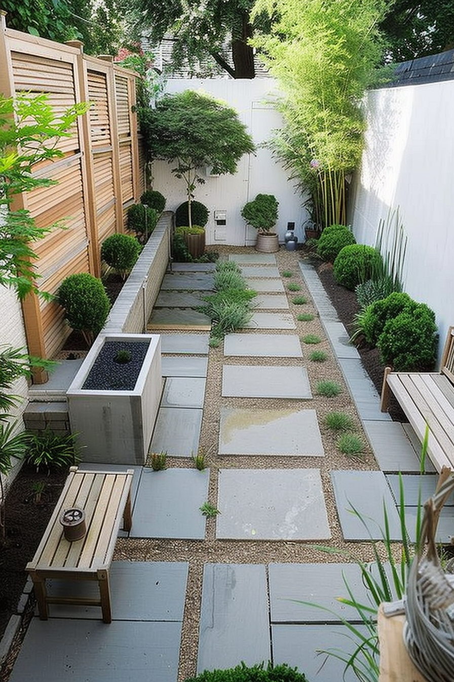 Modern urban garden with symmetrical stepping stones, raised planters, wooden benches, and lush greenery against white walls.