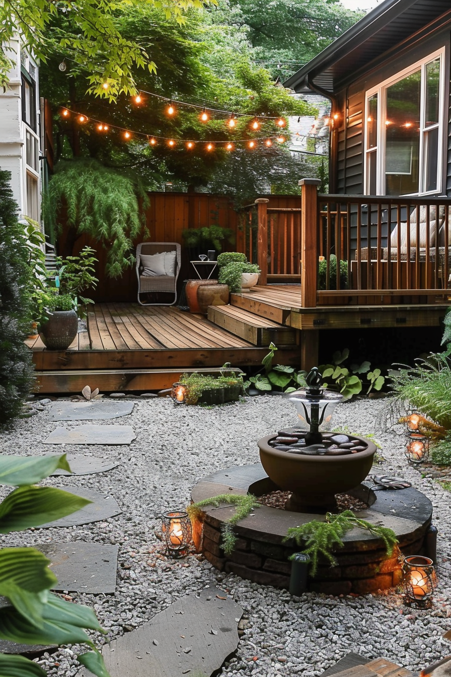 Cozy backyard with wooden deck, string lights, a fountain, plants, and candles, creating a tranquil evening setting.