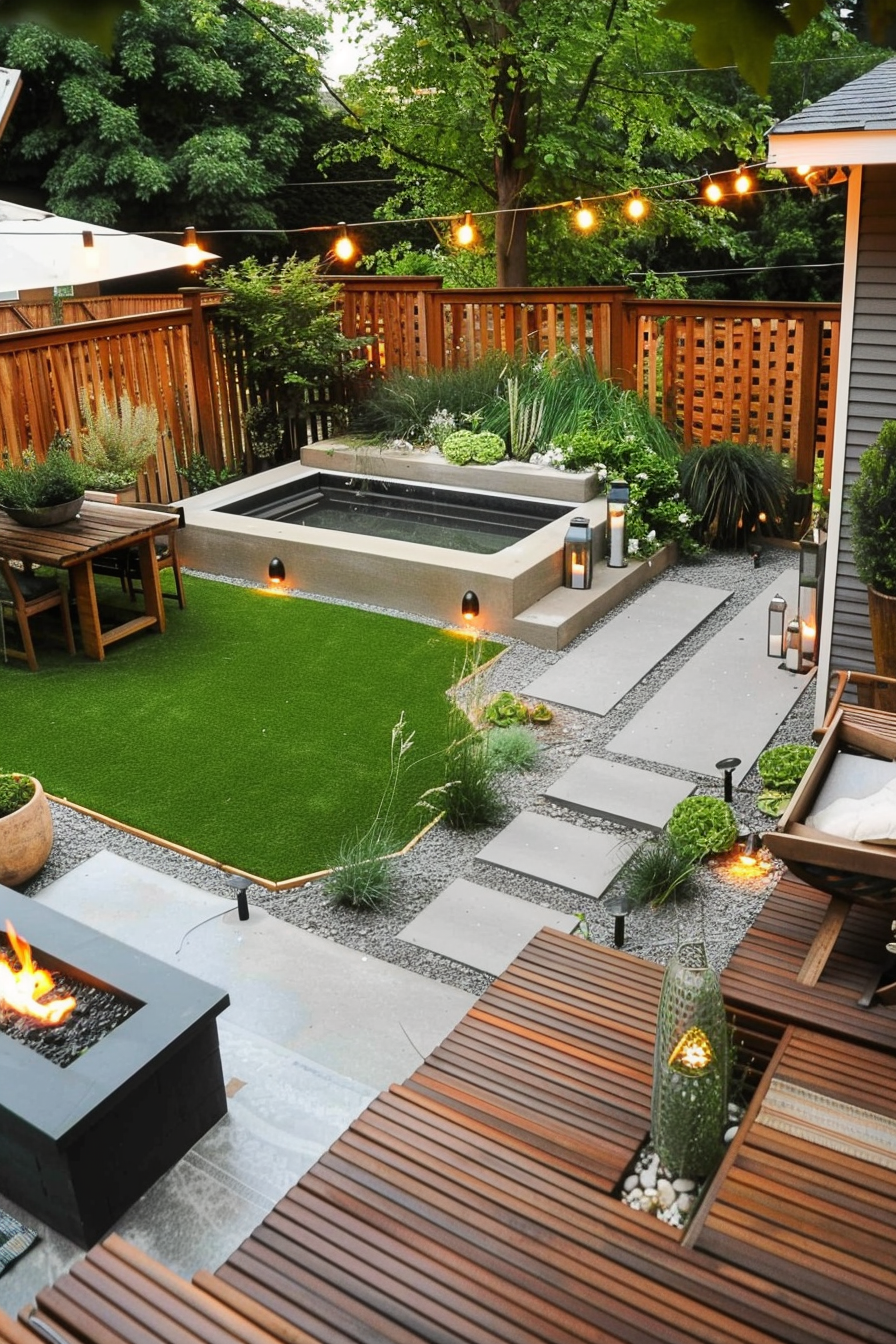 Cozy backyard garden with a hot tub, artificial grass, patio area, string lights, fire pit, and lush plantings, creating an inviting outdoor space.