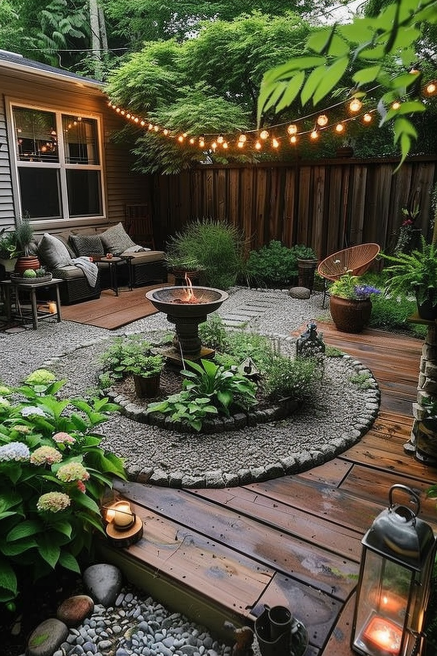 Cozy backyard with string lights, fire pit, seating area, and greenery, creating an inviting outdoor living space.