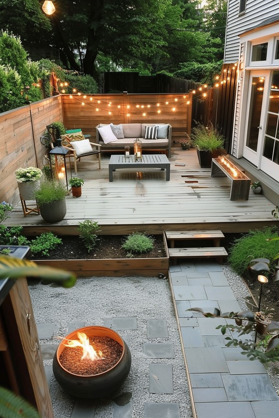 Cozy backyard patio with string lights, seating area, plants, fire pit, and a wooden deck at dusk.