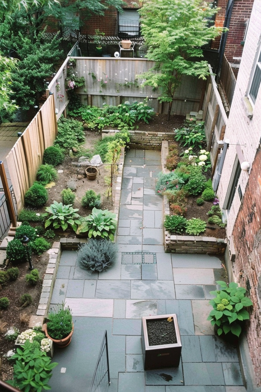 ALT Text: Overhead view of a cozy backyard garden with a stone pathway, lush greenery, potted plants, and a small patio area.