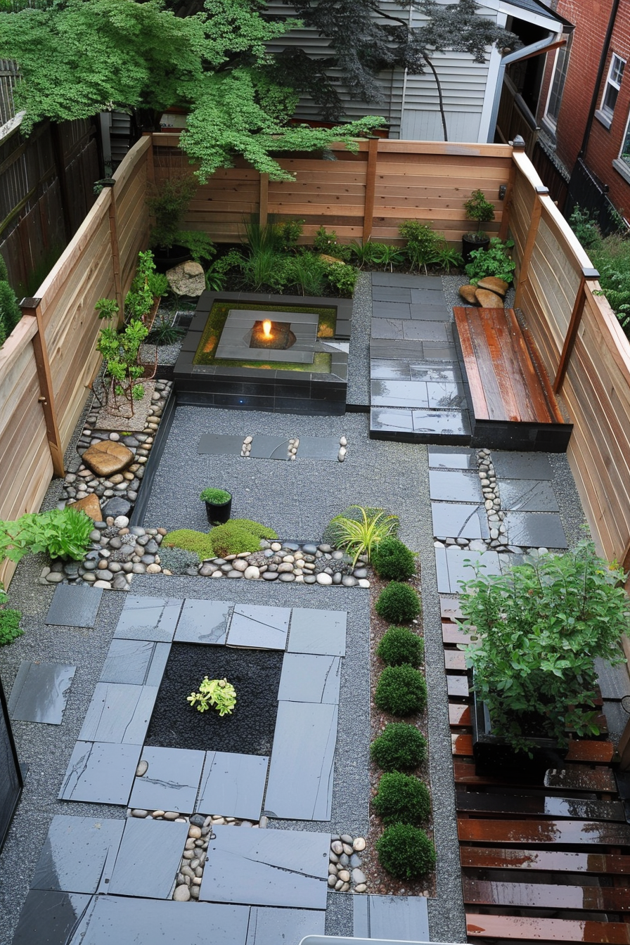 ALT: Overhead view of a well-designed backyard with stepping stones, a fire pit, wooden benches, and lush greenery.