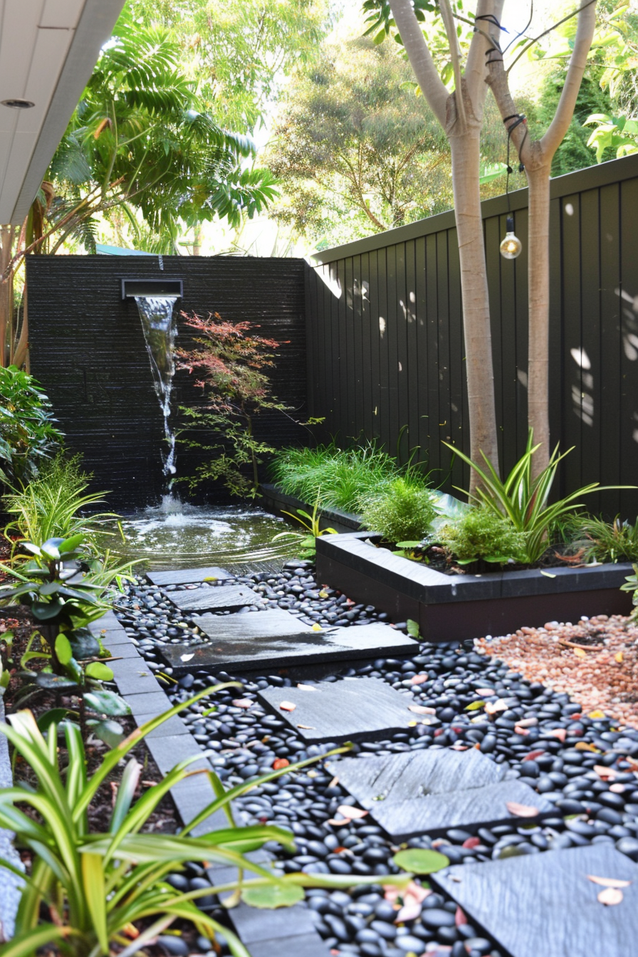 ALT: A tranquil garden path with black stones leading to a water feature with a waterfall, surrounded by lush greenery and privacy fencing.