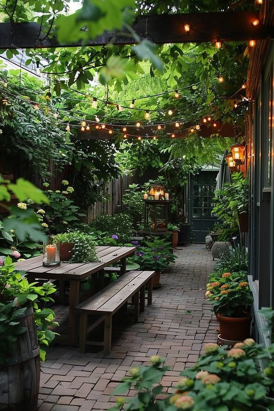 Cozy outdoor patio area with string lights, wooden benches, and lush greenery along a brick pathway.