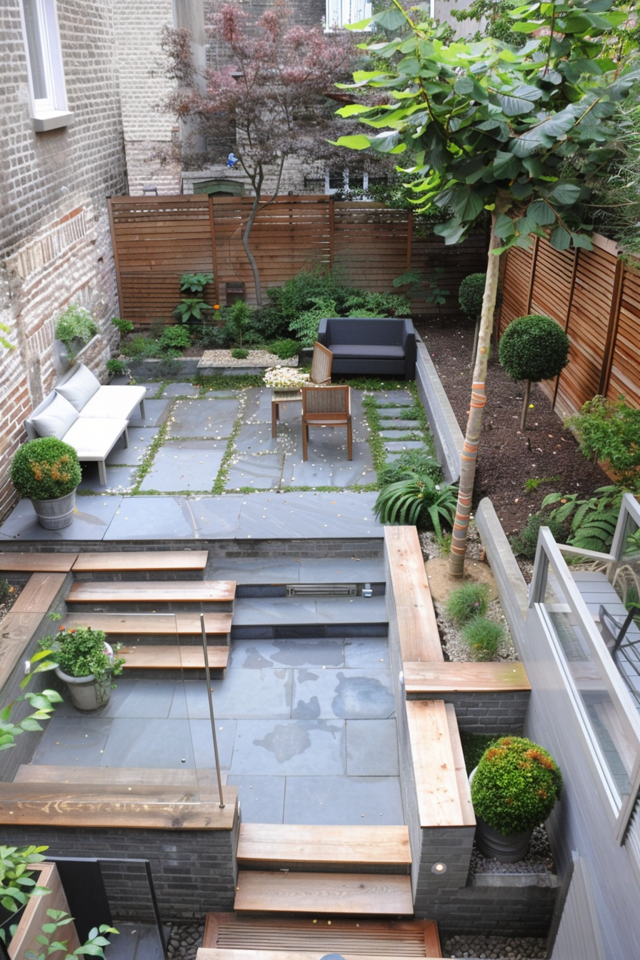 "Overhead view of a cozy urban backyard garden featuring slate tiles, wooden seating, lush greenery, and a modern outdoor sofa set."