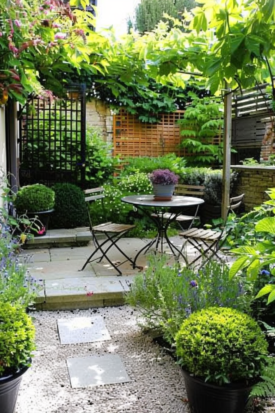 A cozy garden patio with a bistro table set, surrounded by lush greenery and blooming flowers.