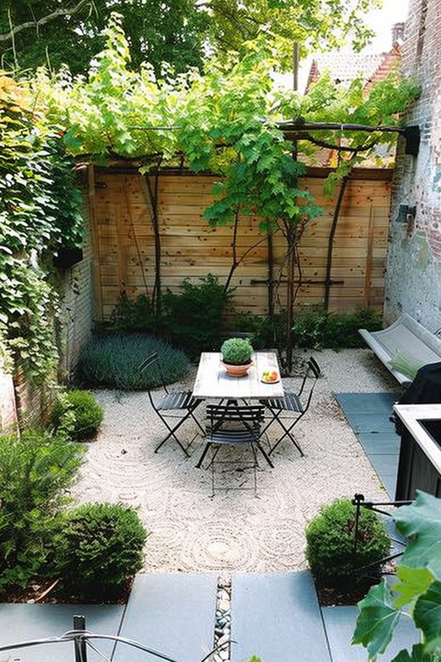 ALT: A cozy backyard garden with a dining table set under a pergola, surrounded by green plants and a pebble floor.
