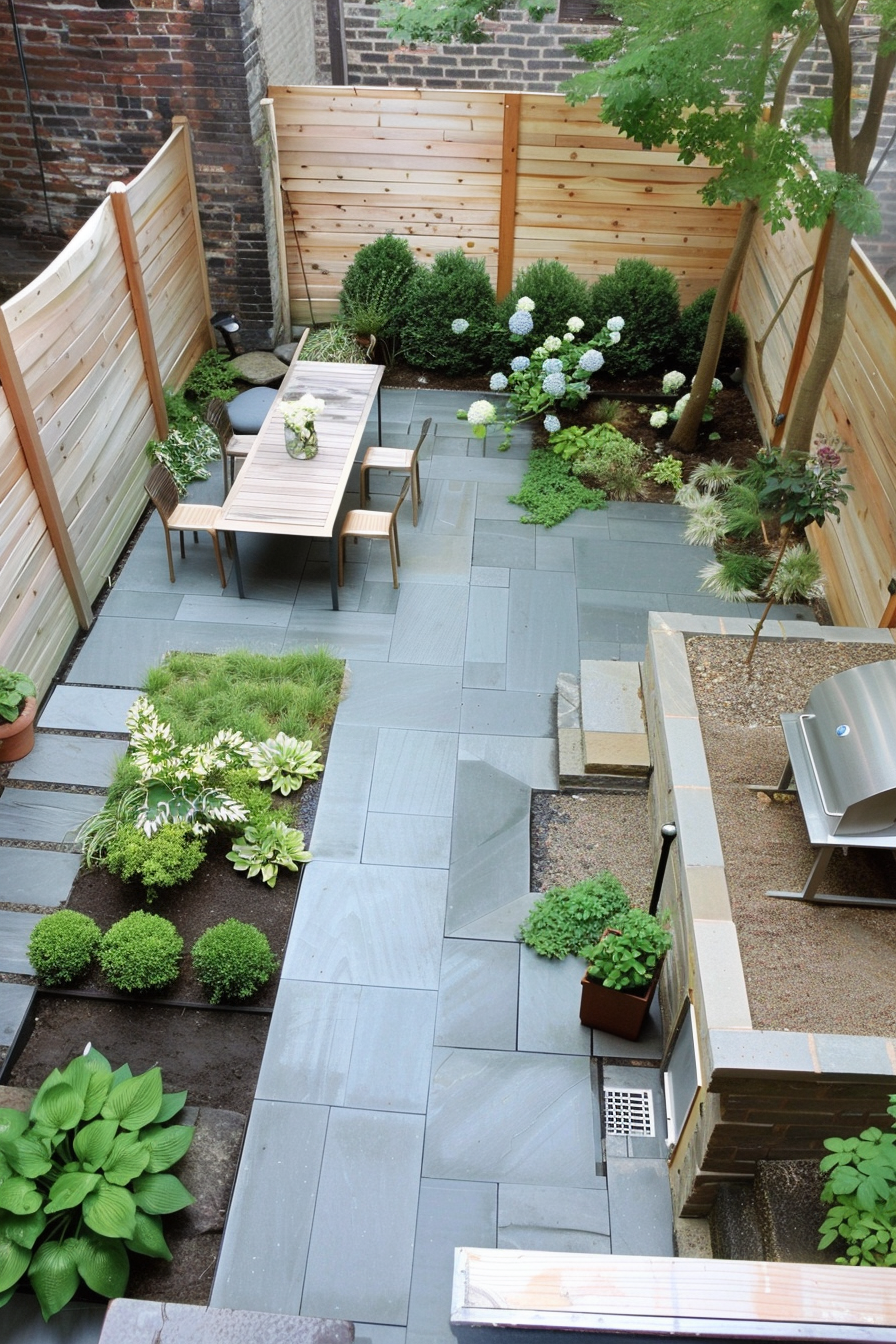 Urban backyard garden with tile flooring, wooden fences, dining area, grill, and various green plants.
