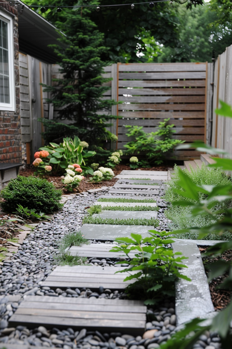 A serene garden path with rectangular stepping stones set amidst gray pebbles, flanked by lush greenery and blooming flowers.