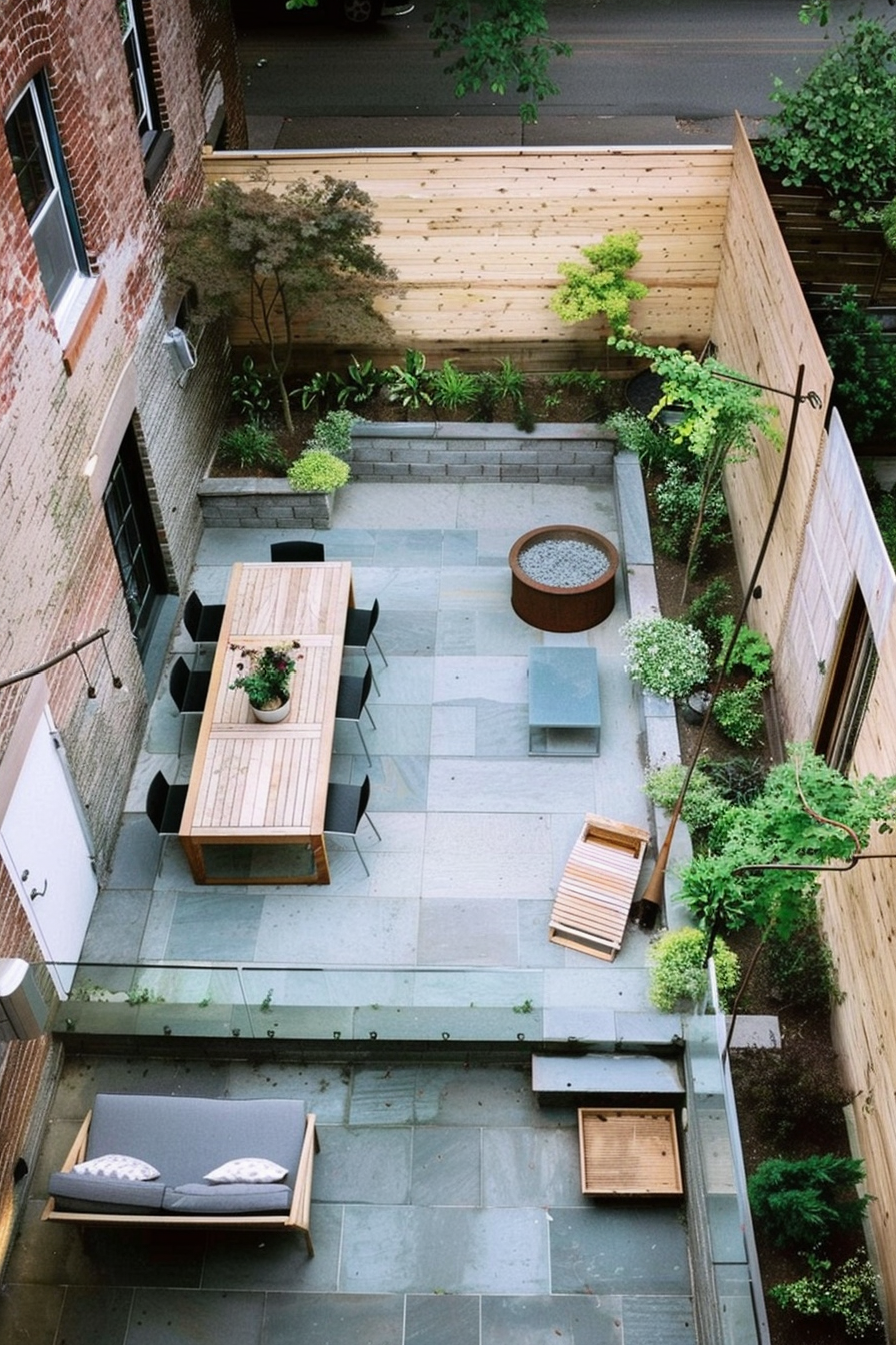 ALT text: Aerial view of a cozy urban patio with wooden dining furniture, green plants, and a lounging area, bordered by a high wooden fence.