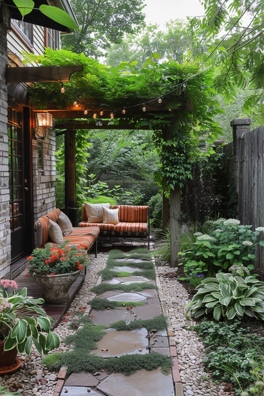 Cozy garden patio with string lights, cushioned seating, stepping stones pathway, and lush greenery.