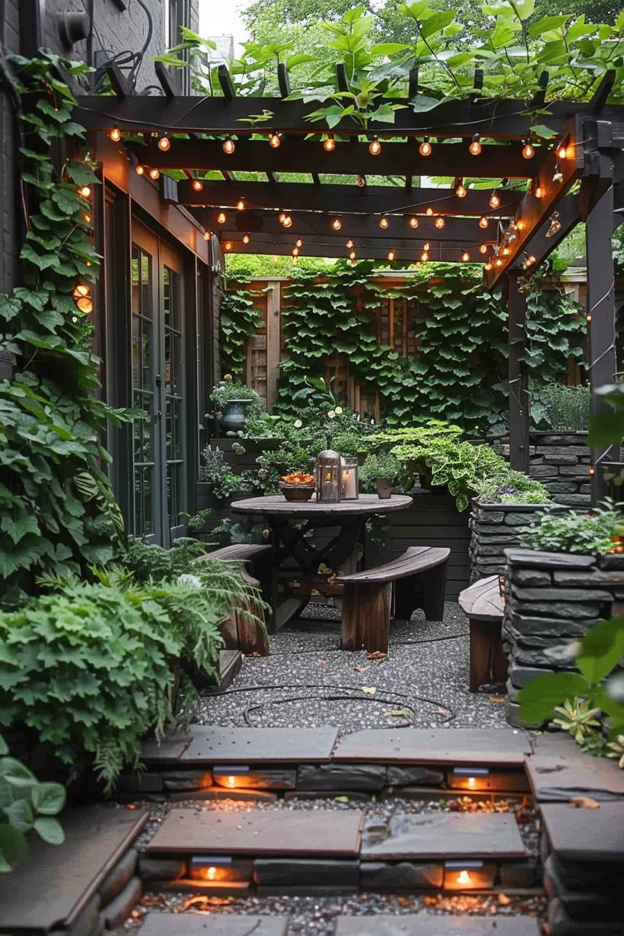 Cozy garden patio with string lights, wooden furniture, lush greenery, and stone pathways.