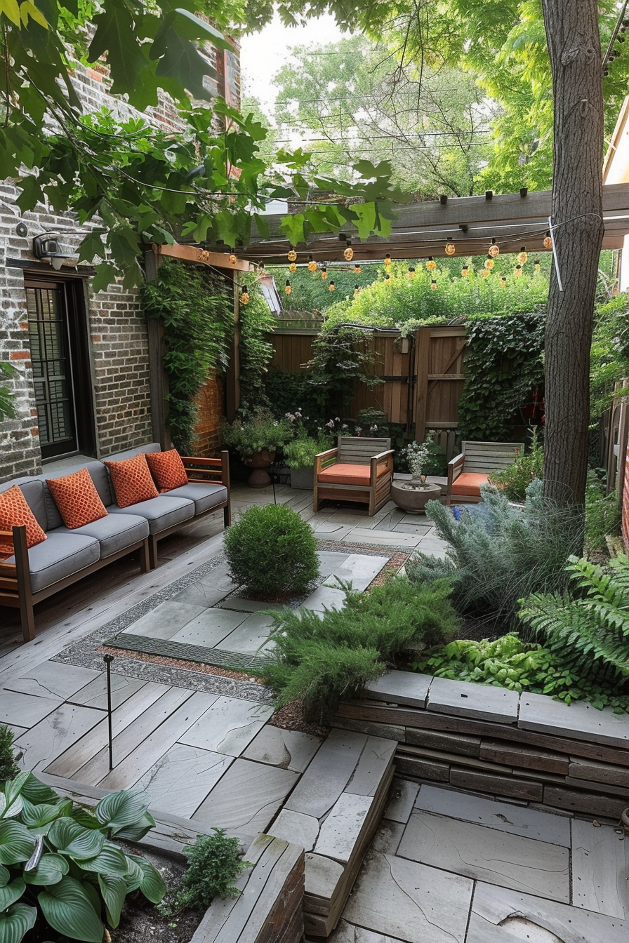 Cozy brick-walled garden patio with wooden seating, string lights, and lush green plants.