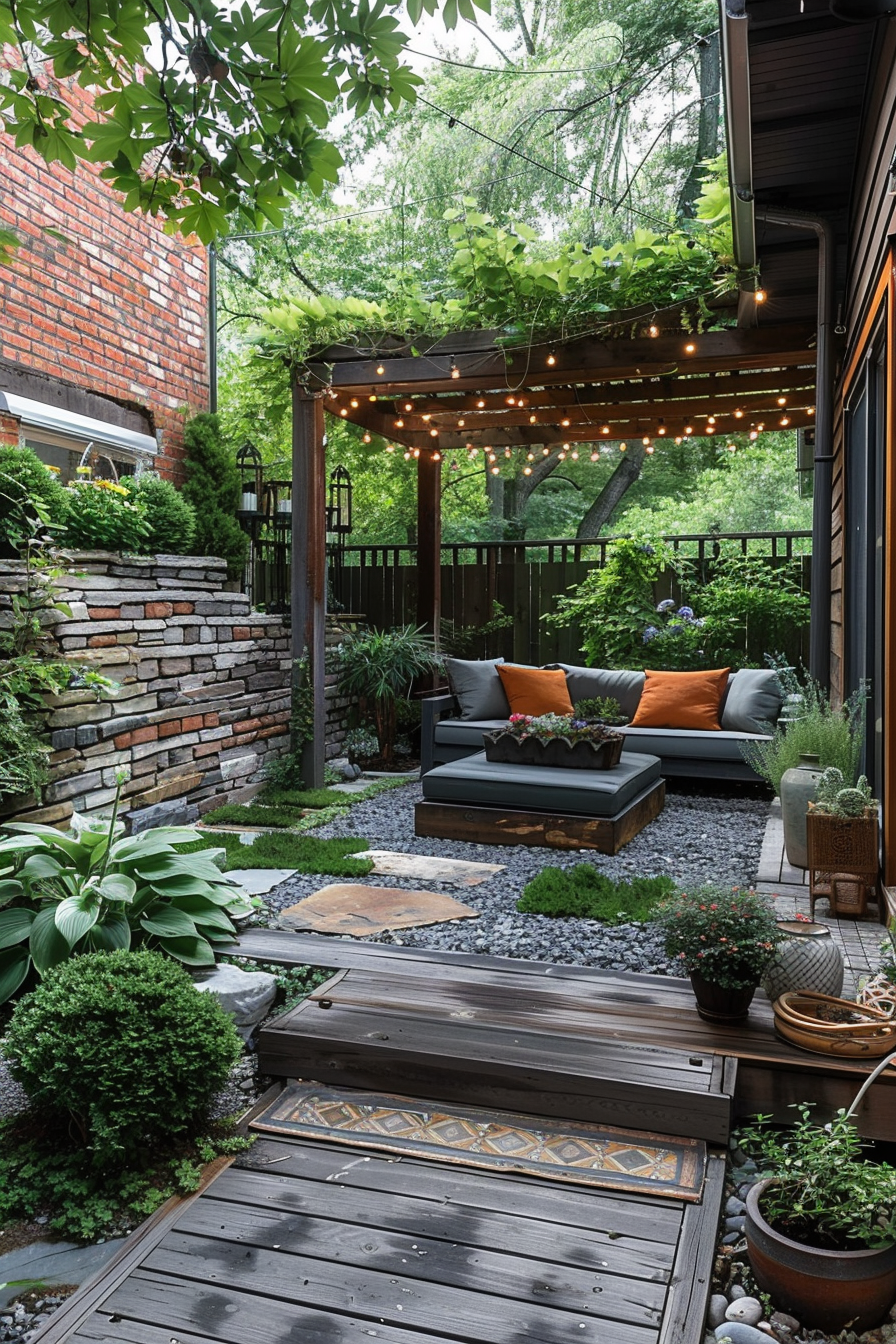 Cozy backyard patio with string lights, pergola, outdoor sofa with orange pillows, surrounded by lush greenery and a stone wall.