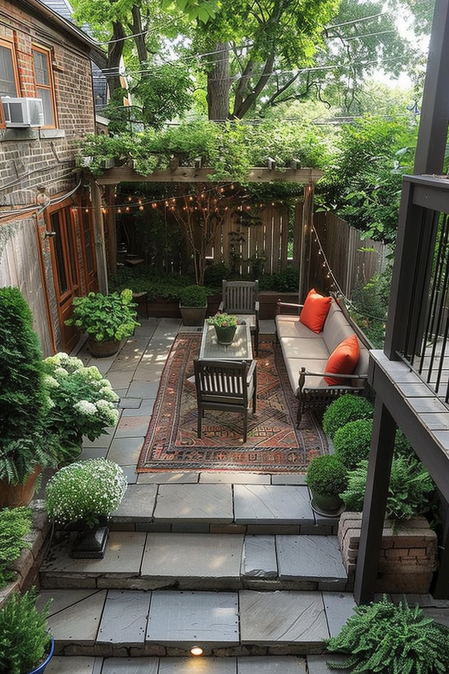 Cozy backyard patio with seating area, patterned rug, string lights, surrounded by lush greenery, viewed from above.