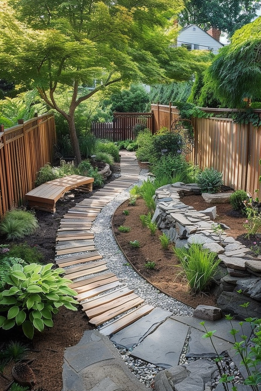 ALT: A serene garden pathway with wooden steps, lush greenery, a bench, and a fence, leading through a landscaped yard with stone accents.