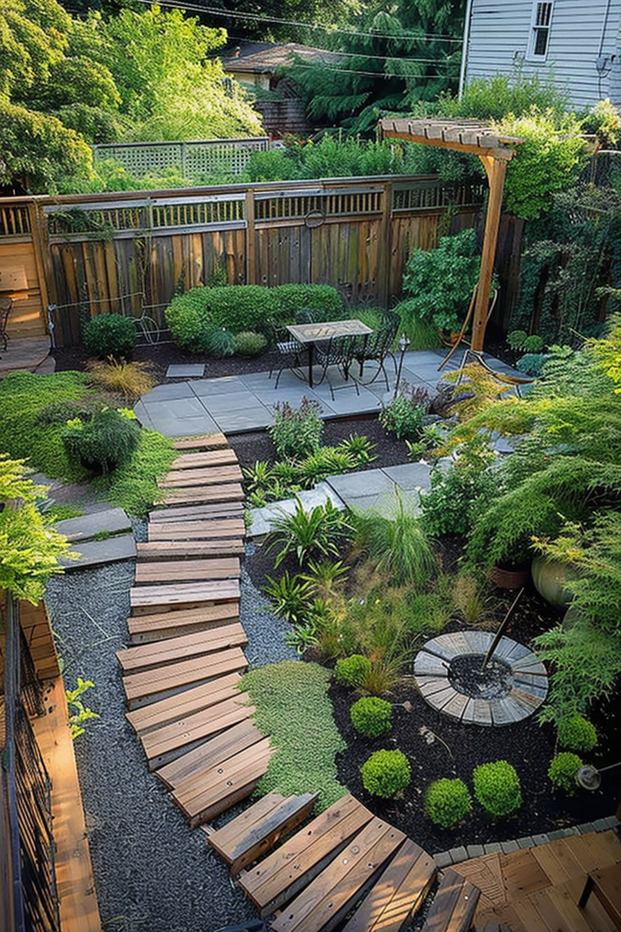 A well-manicured backyard garden featuring a zigzag wooden path, patio area with table and chairs, surrounded by lush greenery.